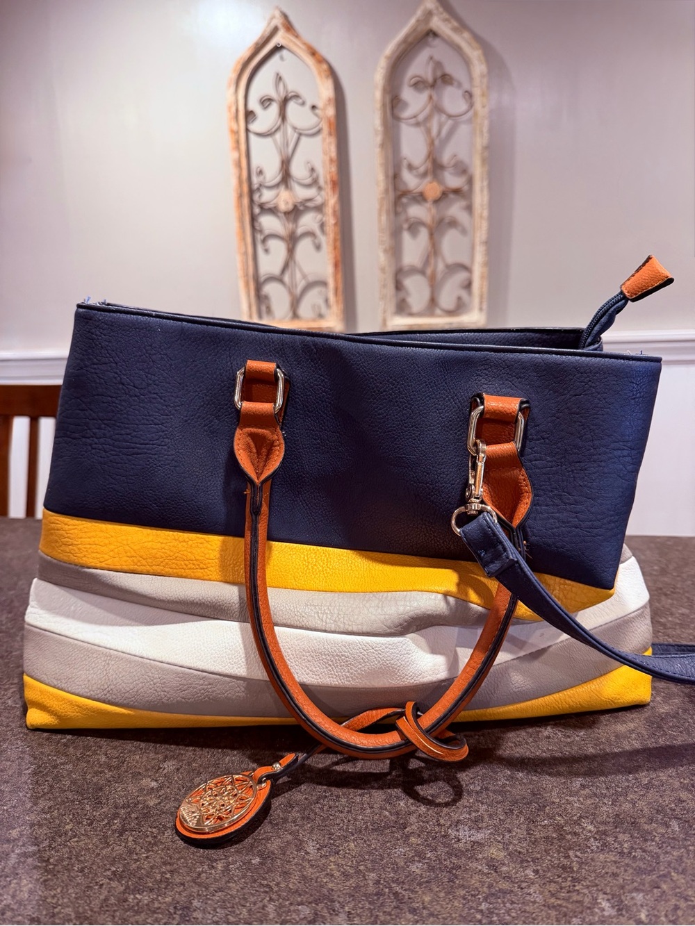 Navy, Yellow & White Colorblock Tote Bag with Tan Accents